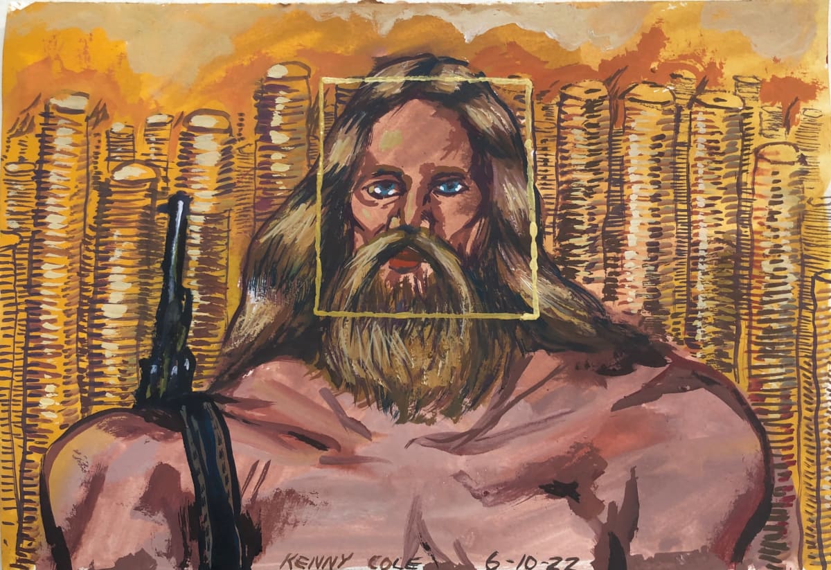 “Heaven”  Image: Jesus carrying a rifle in front of stacks of gold coins with an auto locking facial recognition square.