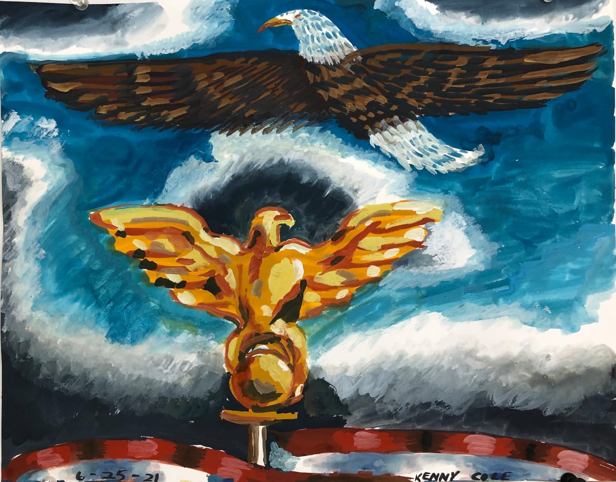 “Attaining New Heights”  Image: A gold eagle finial and a bald eagle.