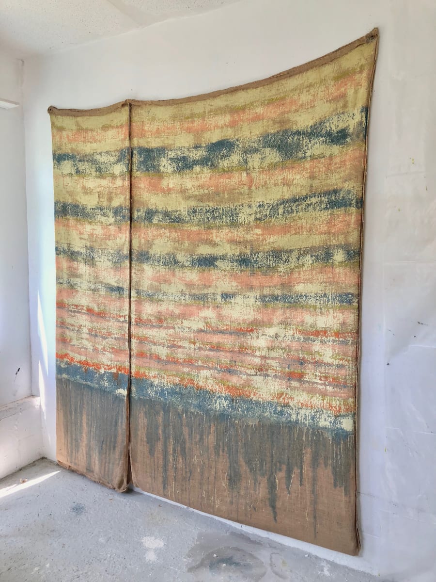 Inside-Out Burlap Bag Painting (yellow) by Howard Schwartzberg 