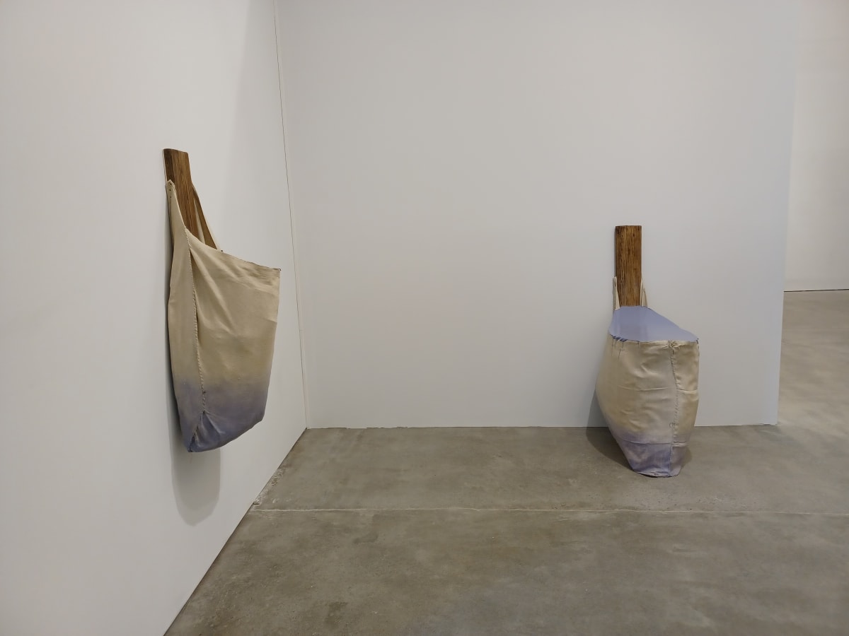 Bag Painting with Vertical Wood (grey purple gloss) installation by Howard Schwartzberg  Image: From the show "Before Painting" 2022, Private Public Gallery, Hudson NY.               
   
