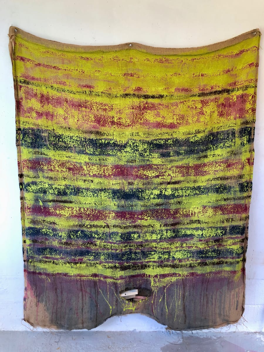 Inside-Out Burlap Bag Painting (lime green) by Howard Schwartzberg 