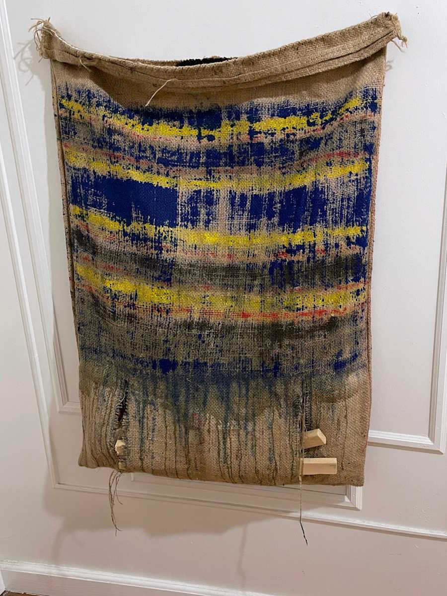 Inside-Out Burlap Bag Painting (blue monochrome over stripes) by Howard Schwartzberg 