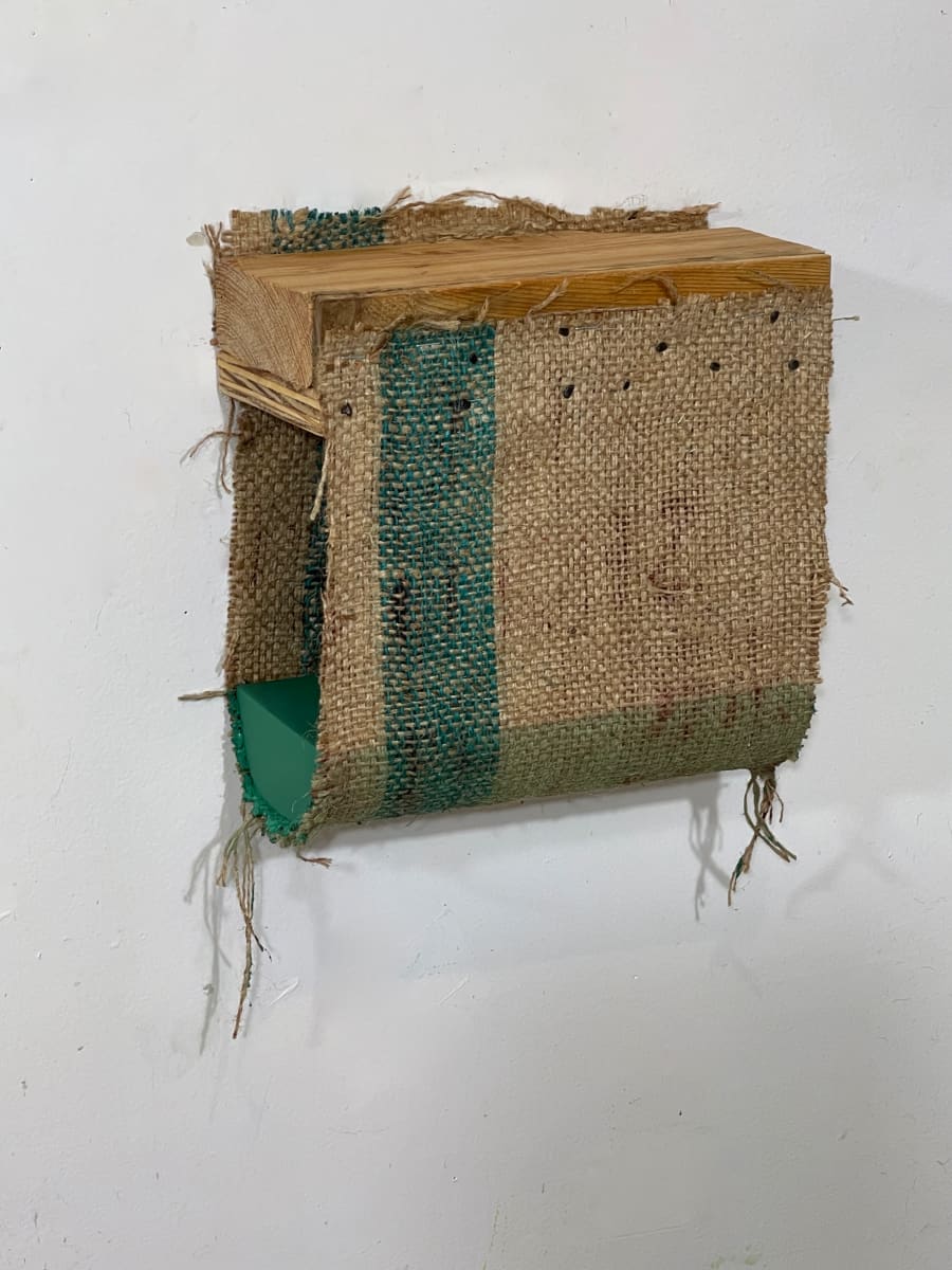 Suspended Painting, jute/burlap (green blue with sewn wide vertical stripe) by Howard Schwartzberg 