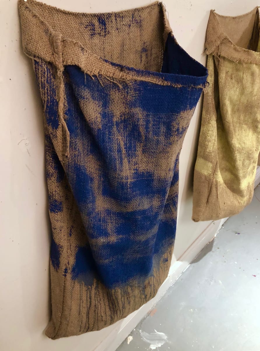 Inside-Out Burlap Bag Painting (blue monochrome) 