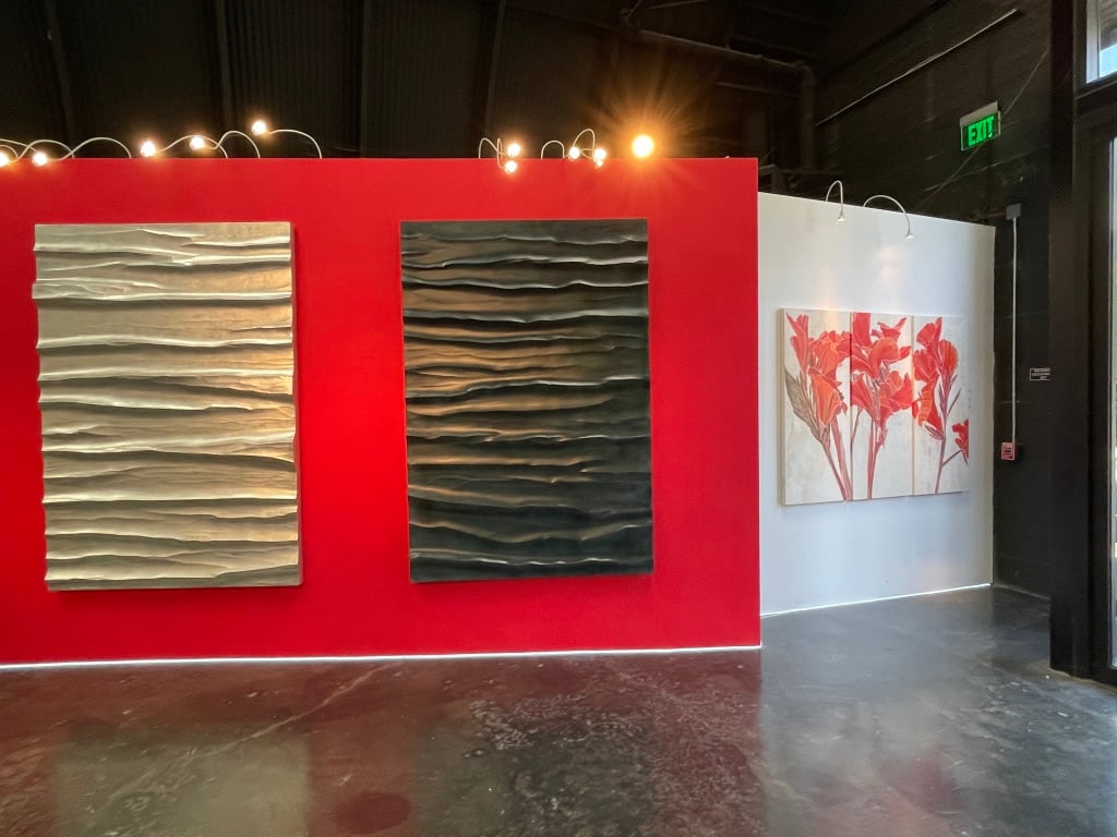 Palisades by Roberta Ahrens  Image: Palisades, Deep Water 2020, and Red Canna triptych at The Paul Mahder Gallery