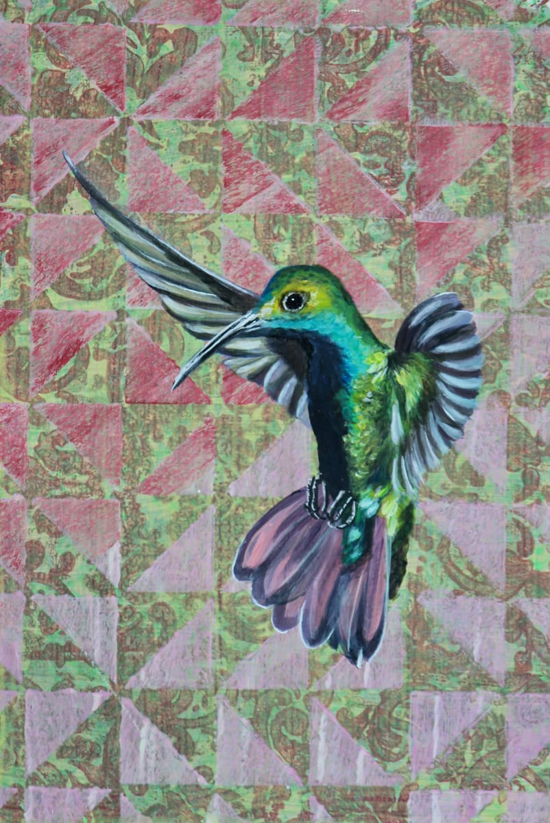 Geometric Glimmer by Lorelle Carr  Image: "Geometric Glimmer" presents a vibrant hummingbird in mid-flight, 5.5" x 8" x 2", Acrylic on Board