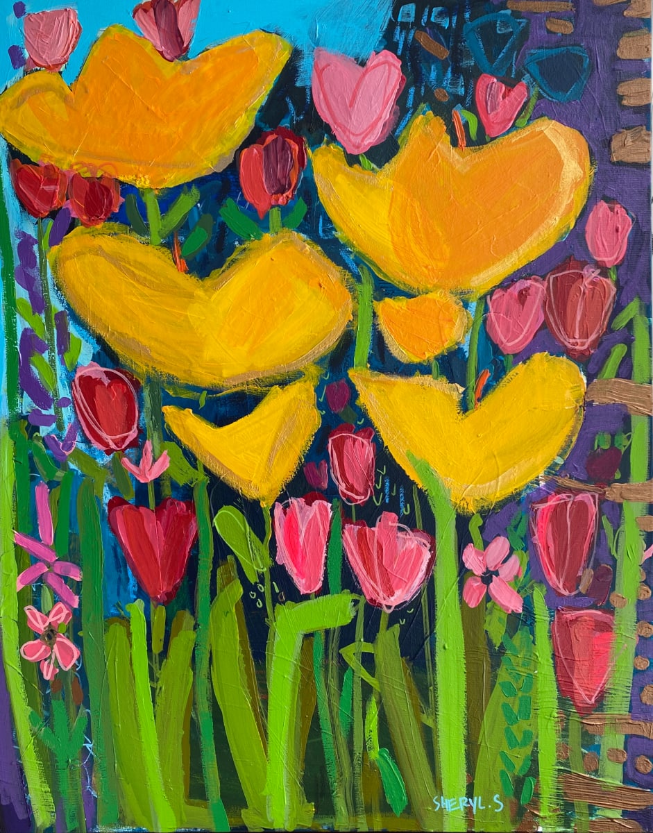 Yellow Flowers with Pink and Red Tulips by Sheryl Siddiqui Art 