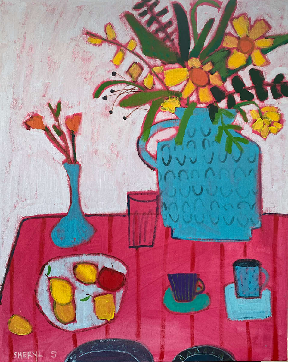 Blue Vase Yellow Flowers on Pink by Sheryl Siddiqui Art 