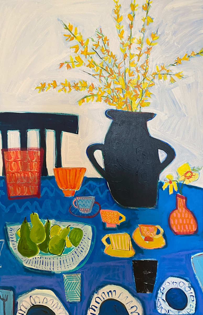 Pears with Green Vase and Forsythia by Sheryl Siddiqui Art 