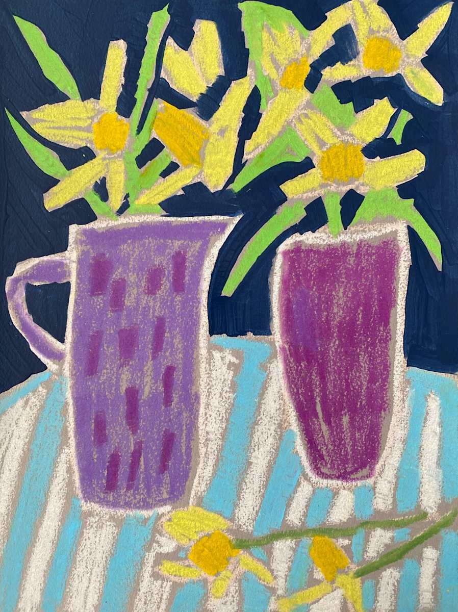 Daffodils with Purple Vase 2 by Sheryl Siddiqui Art, Image 1.