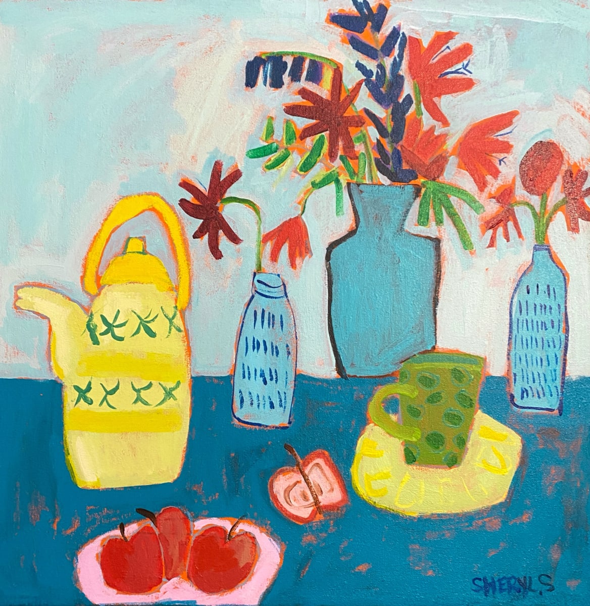 Apples on Teal by Sheryl Siddiqui Art, Image 1.