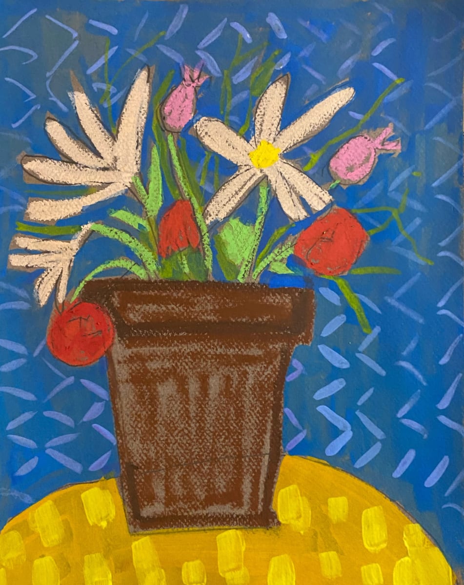 Clay pot with Flowers on Yellow Table by Sheryl Siddiqui Art 