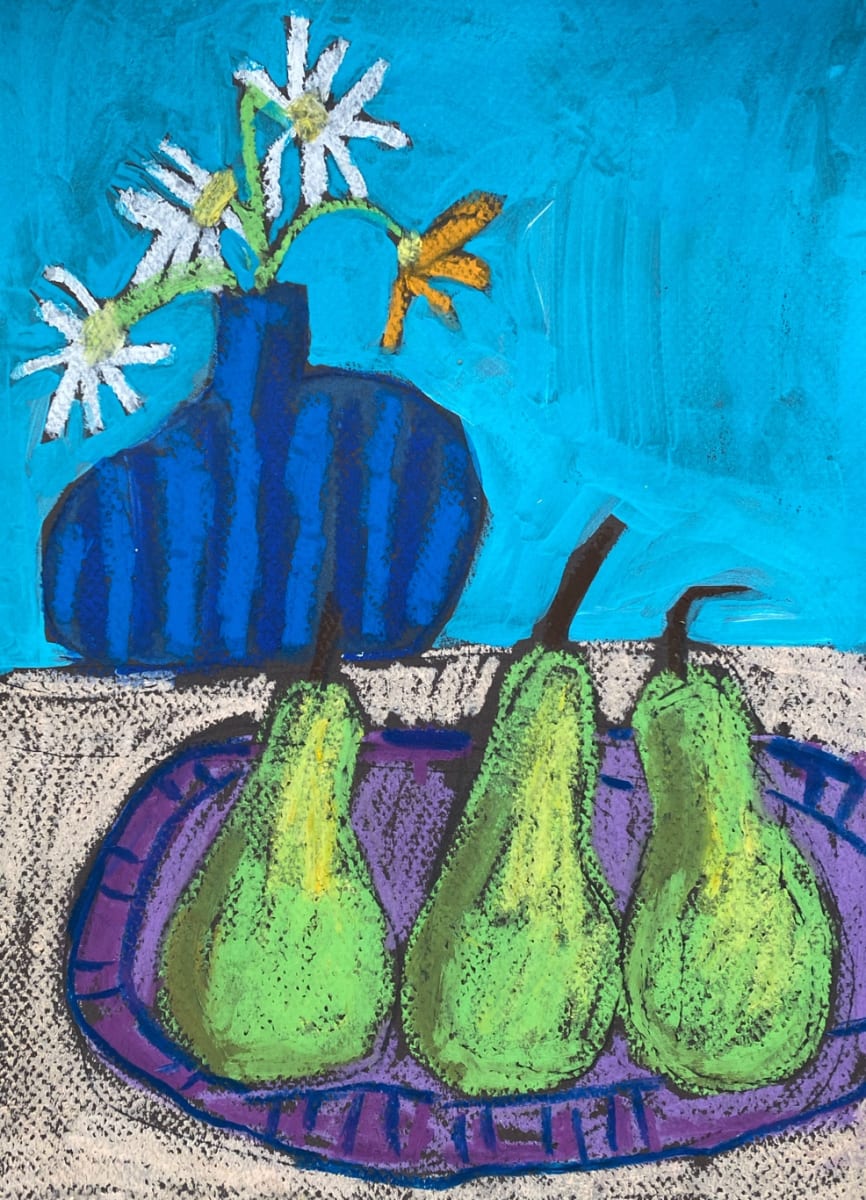 Pears and blue vase by Sheryl Siddiqui Art 