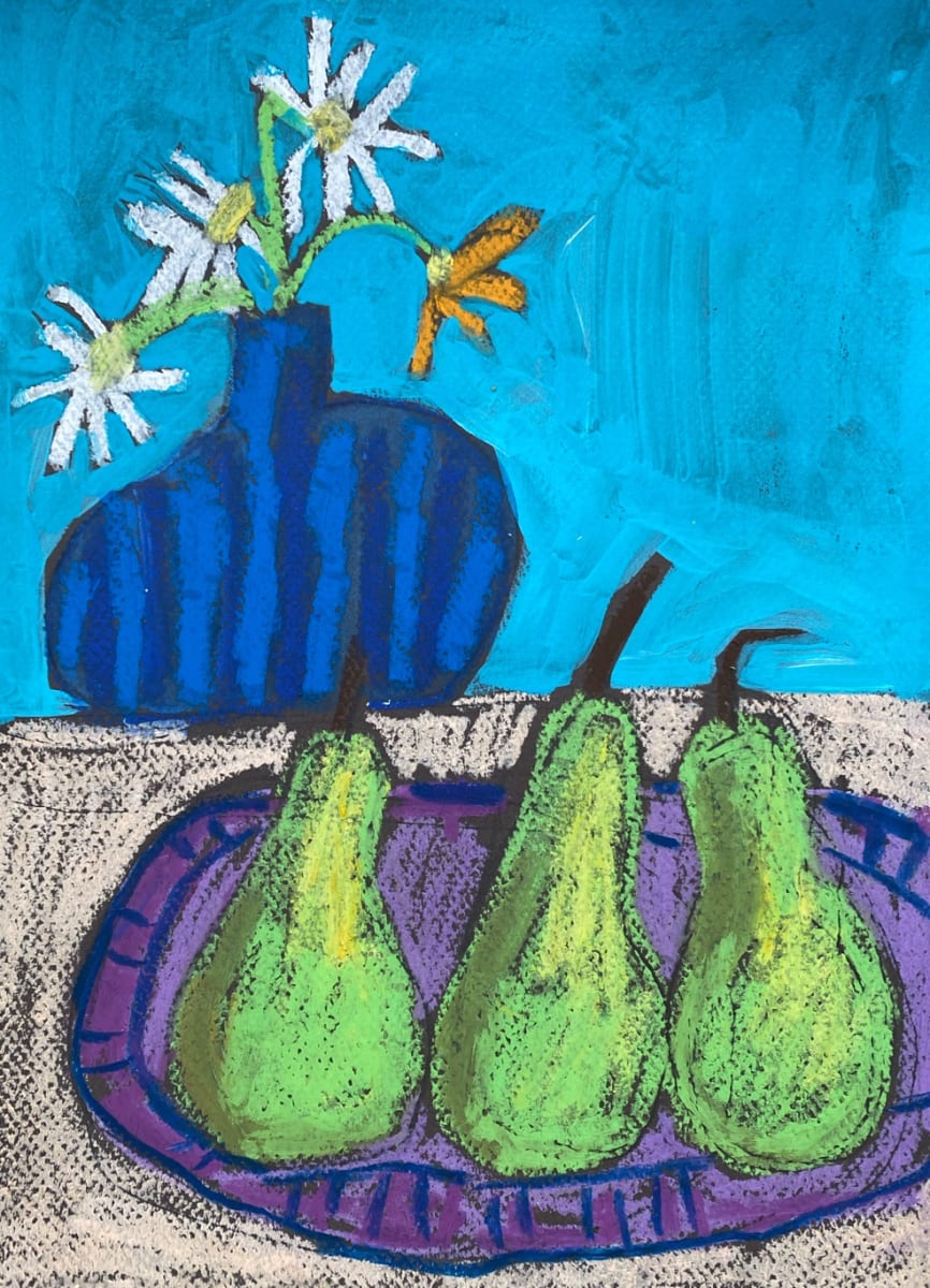 Pears and blue vase by Sheryl Siddiqui Art, Image 1.