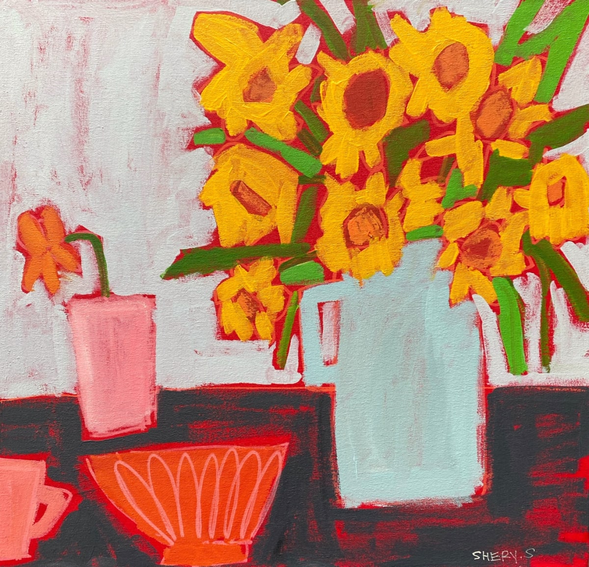 Yellow Flowers on Grey by Sheryl Siddiqui Art, Image 1.