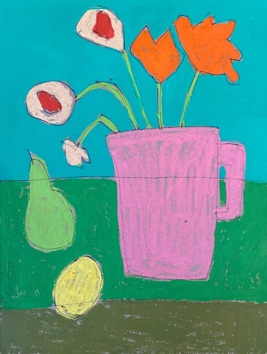 Floral With Pink Vase on Teal by Sheryl Siddiqui Art 