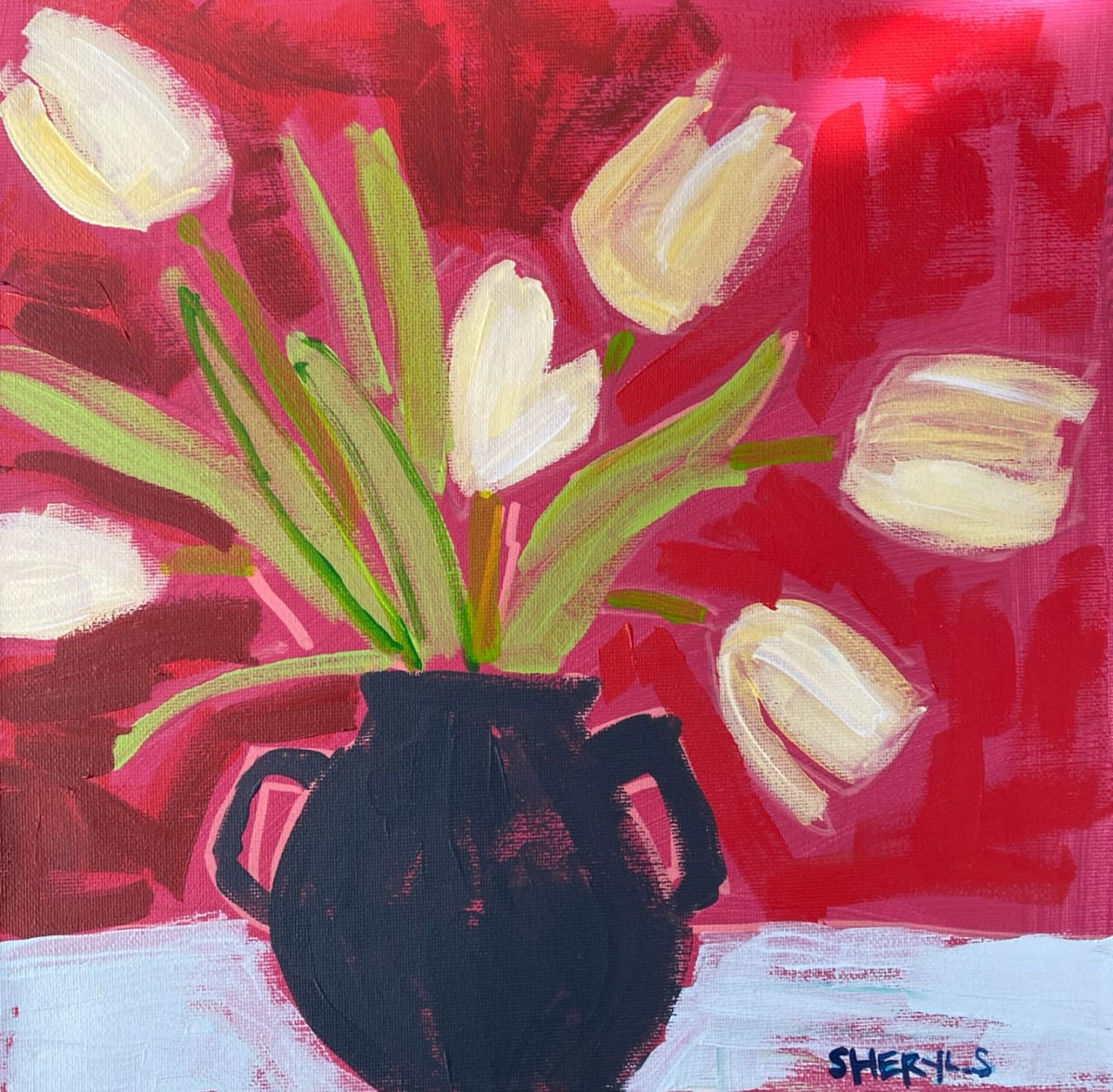 Yellow Tulips on Red by Sheryl Siddiqui Art, Image 1.
