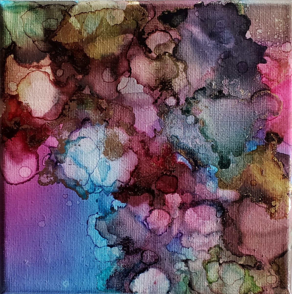 Mysterious Meanderings by Bobbie Bonita  Image: Bold abstract piece featuring moody blues and pinks amongst warm earth brown color tones. Circa 2022 Spaced Inside Out Capsule Collection.