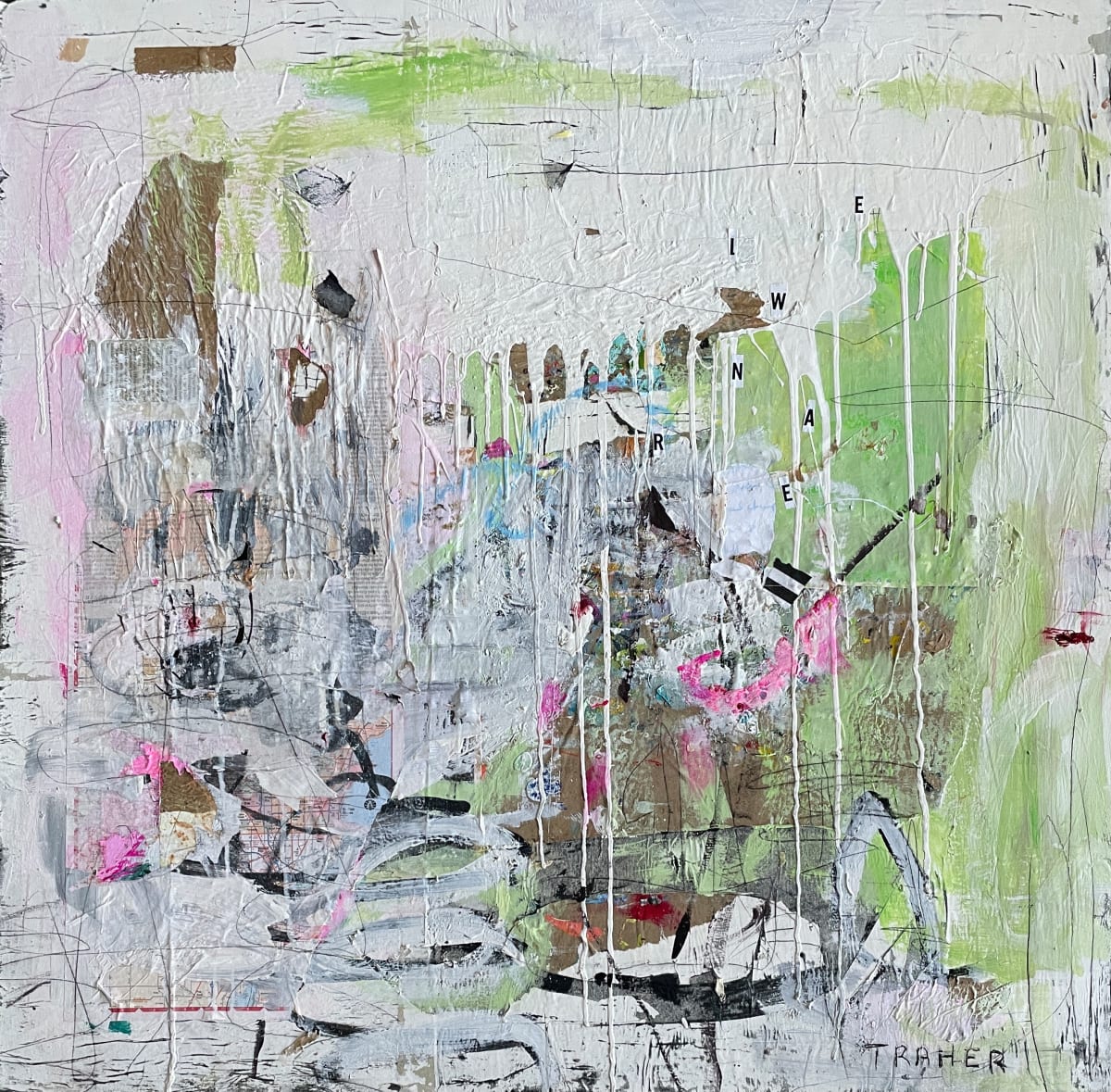 Was it Something I Said by Miriam Traher  Image: Abstract mixed media piece, exploring the relationship of shapes and spaces, exploring history, revealing layers of the past and playing with my expressive line to tell my story through,  my art. 