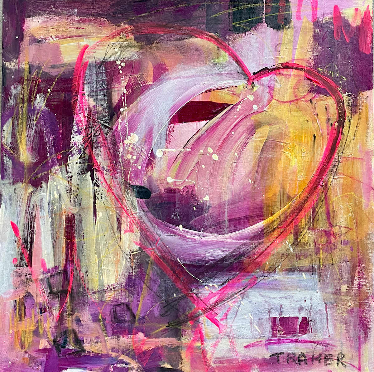 She Loves Me by Miriam Traher  Image: It is fun, this creative journey of a painting. This one started our on a completely different journey, and what I thought as it's finishing place, it was hung and ready to go out into the world.  But it nagged at me, giving me that unsettled feeling it still had something to say, and so it did, and a new piece was born. I now love this piece and am very excited to share it with the world.