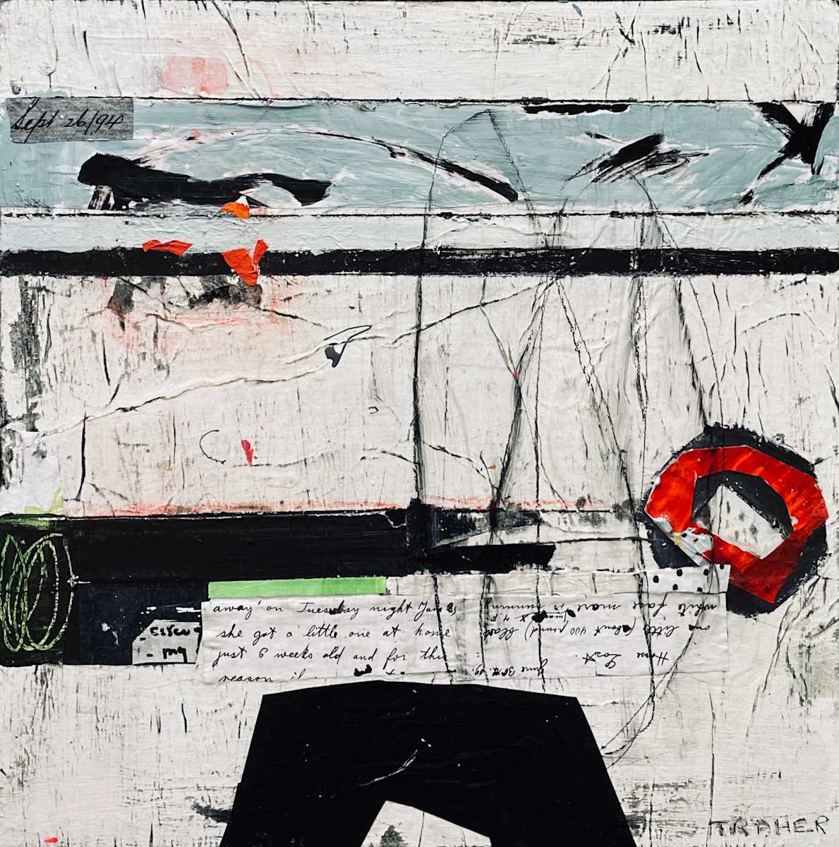 And Then What #3 by Miriam Traher  Image: The process involves layering paint, collage, paint and more paint, creating layers and layers with colours, shapes and designs that are scraped, sanded, scratched and dug into, repainted, revealing and leaving bits of the past, the history of each layer. A story emerges that blends this history with the final design, which is rich in texture. The beauty is in the discovery, the rich surface and the hidden bits that can only be seen by getting in close and exploring its secrets.
