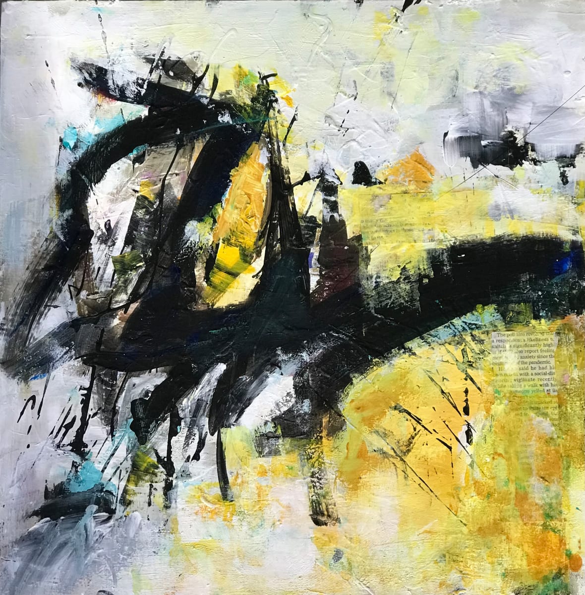 A Swoosh Of Yellow by Miriam Traher  Image: It's all about expression, mark-making, fun and colour. These modern, contemporary pieces are vibrant, and dynamic, and bring a smile. Memories of the landscape and experiences of day-to-day brought to life on the canvas. The process is intuitive and dynamic, layering paint, collage bits and layers of marks spontaneously, expressively and with tons of joy.

