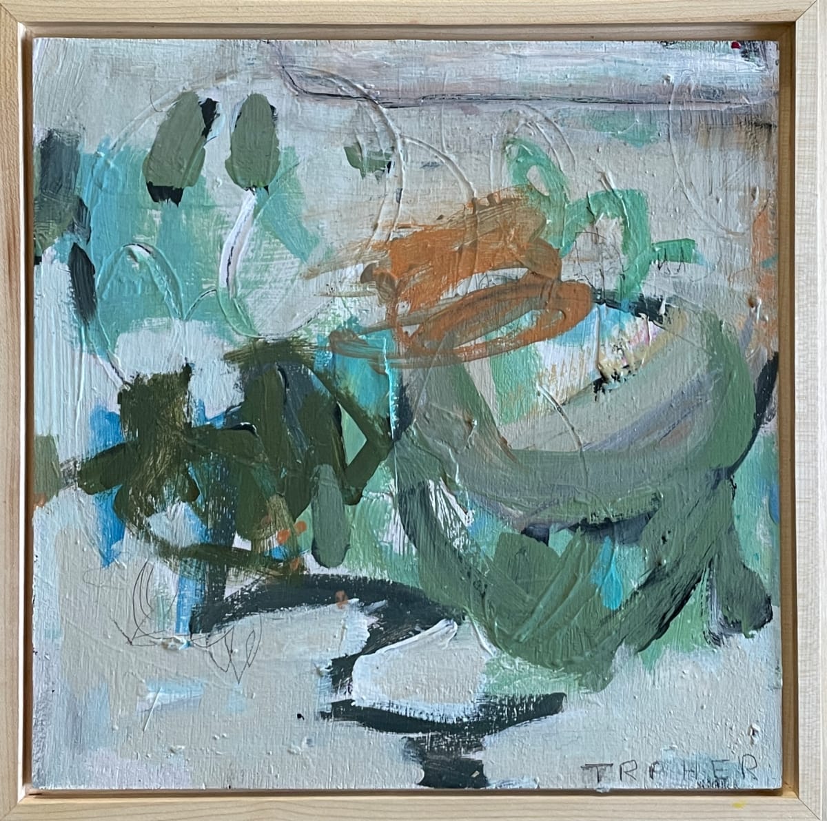 As Promises Go by Miriam Traher  Image: Bring life to your walls, creating your SQUARE FOOT gallery. All pieces are 12 "x 12", excluding the frame and can be mixed and mingled to create your unique expression in your home. A grouped exhibition makes a visual architectural and sculptural work dynamic and fluid as your tastes change. The size remains the same, and the frame remains the same.  Build on it, rearrange it and express your unique taste and style. Need to spice up a space? Change the pieces, move them to a new location, mix their order, buy a new one, and create a new wall of awesomeness. Created on birch rigid wood board and set in a 1.5" beautiful maple frame. Neutral and modern. Check back often for new and exciting additions to add to your wall of awesomeness.

* ORIGINAL ARTWORK
* set in a 1.5” natural maple drop frame
* birch wood panel
* wired and ready to be hung 
* 12”x12”
* mixed media, acrylic paint, collage, graphite, sgraffito, fancy word for scratchy marks, paper and other sundries

All small works ship for free in Canada and the continental United States. International shipments, no problem. Drop me a quick email; I would happily quote the shipping charge. If you are unsure, questioning, or need some guidance on picking a piece or grouping of pieces, I can help you. Drop me a line, and we can arrange a call or video call or do some room mock-ups.

Still have questions? Want to arrange a direct pick-up? I would love to help and can always be reached at miriamtraher@icloud.com. Let's wrap up your favourite piece and have it off to its new home to bring your unique expression to life.
