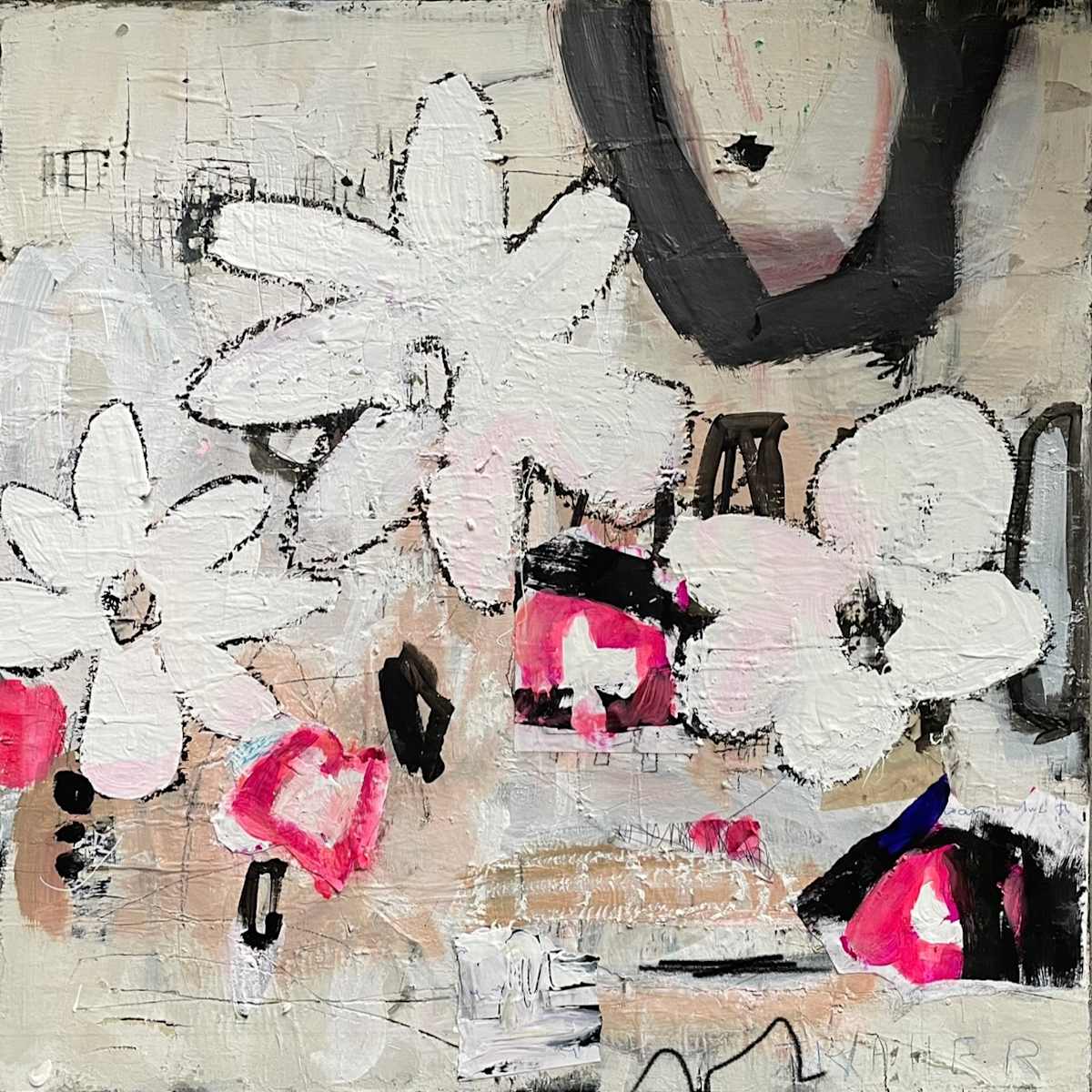 She Did Make It A Point To Say by Miriam Traher  Image: She’s bold, she’s textured, and she definitely has the last word. This piece features big, fun floral shapes emerging from a complex history of nine paper layers and mixed media marks. With its childlike humour and sophisticated composition, She Did Make It A Point To Say is a reminder that the best things happen when you dig a little deeper.

A little extra "Artist Note" you could add below the price:
Why I love this piece: “It reminds me of the freedom of letting go. The fluorescent pink scraps were a total accident that ended up making the whole painting sing.”