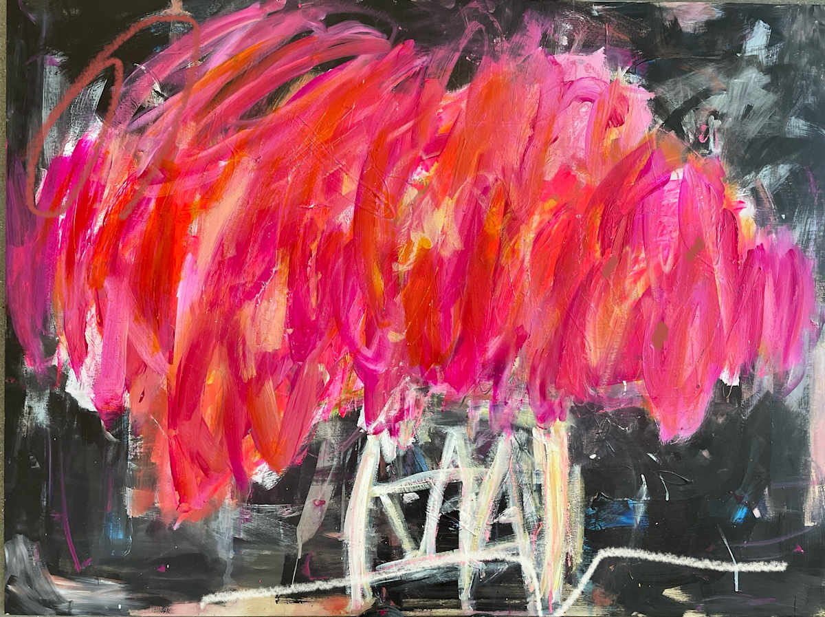 Sometimes I Have A Good Feeling by Miriam Traher  Image: If this painting could talk, it would tell you to crank up the music and ditch the quiet. This is the friend who shows up in the room and instantly doubles the party's energy—bold, non-stop, and absolutely allergic to muted colours.