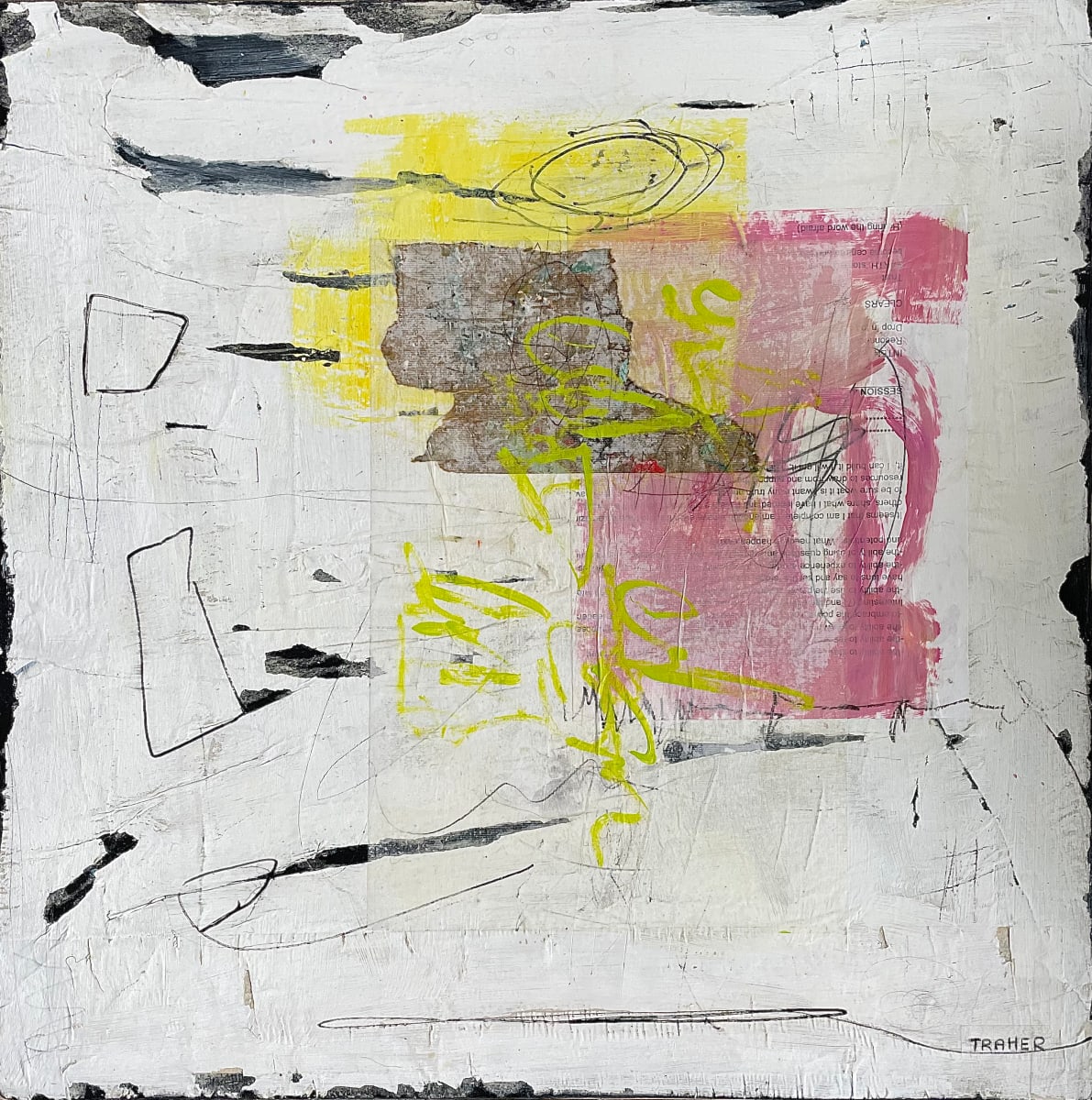It's All In The Telling by Miriam Traher  Image: Saying more with less.  Simplicity, choosing what’s important and essential to telling your story, my story allowing the viewer to weave their personal narrative. The process involves layering paint, collage, paint and more paint, creating layers and layers with colours, shapes and designs that are scraped, sanded, scratched and dug into, repainted, revealing and leaving bits of the past, the history of each layer. A story emerges that blends this history with the final design, which is rich in texture. The beauty is in the discovery, the rich surface and the hidden bits that can only be seen by getting in close and exploring its secrets.


