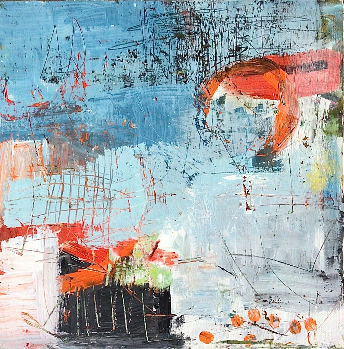 When You Come This Way by Miriam Traher  Image: Exploring line and space, where the edges meet. Mixed media, collage, graphite, pencil. Miriam Traher is an intuitive artist, creating mixed media abstracts: led by color, shapes, marks and lines as they are layered and responded to. Her work is vibrant, expressive and full of visual texture, bringing life and joy to homes.