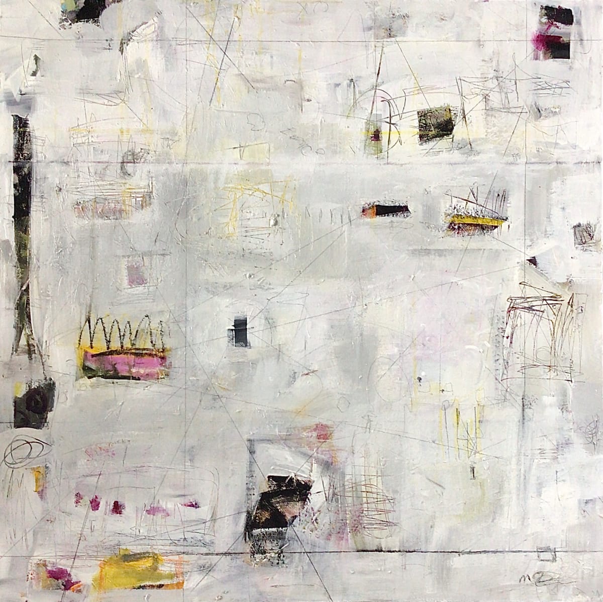 Don't Stand So Close To Me by Miriam Traher  Image: It's all about expression, mark-making, fun and colour. These pieces are vibrant and dynamic and bring a smile. The process is intuitive and dynamic, spontaneously layering paint, collaging bits and layers of marks, and generally in very expressive arm movements. I try to use anything but a paintbrush, using my fingers, trowels, rulers, bowl scrapers, etc., to create as uncontrolled a mark as possible. Often transparent paint is layered to allow the shapes, patterns and lines to show through to the next layer. Marks of graphite, pencil, oil pastel, crayons and pencil crayons are intermixed with the layers to connect all the elements. Many collage papers are created by hand, often using leftover palette paint from previous works. 