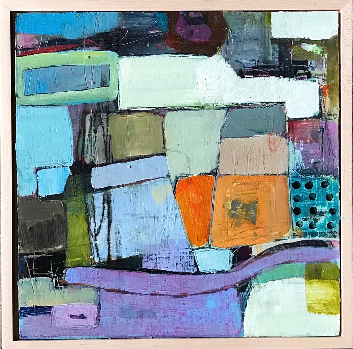 Summer Splendour by Miriam Traher  Image: Abstract mixed media piece, exploring the relationship of shapes and spaces, exploring history, revealing layers of the past and playing with my expressive line to tell my story through,  my art.   