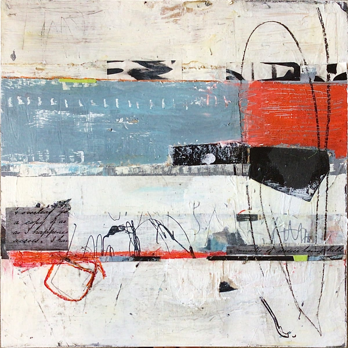 A Part Of Each Other #1 by Miriam Traher  Image: Exploring line and space, where the edges meet. Mixed media, collage, graphite, pencil. Miriam Traher is an intuitive artist, creating mixed media abstracts: led by color, shapes, marks and lines as they are layered and responded to. Her work is vibrant, expressive and full of visual texture, bringing life and joy to homes