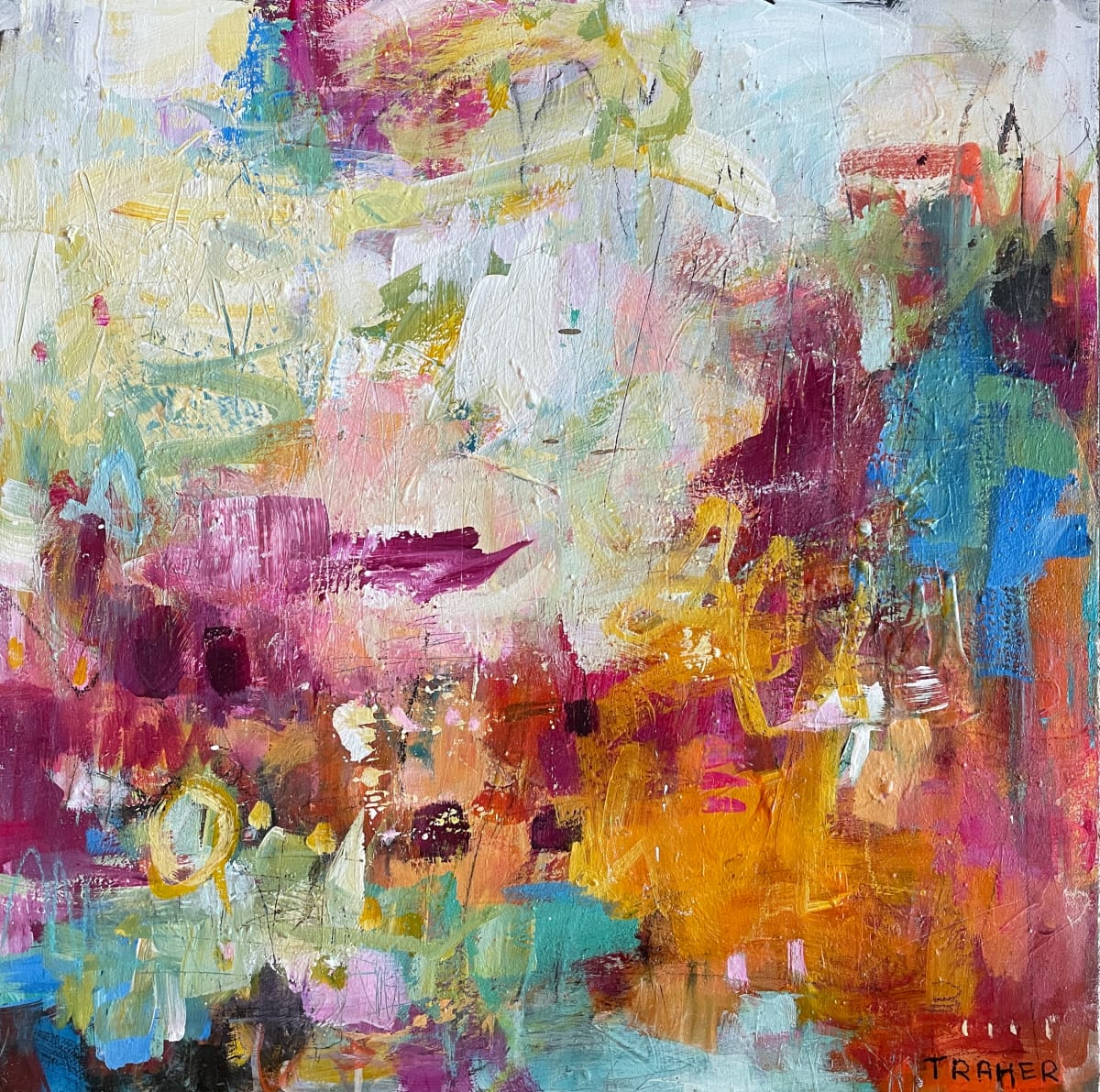 The Land Between Us by Miriam Traher  Image:  The process involves layering paint, collage, paint and more paint, creating layers and layers with colours, shapes and designs that are scraped, sanded, scratched and dug into, repainted, revealing and leaving bits of the past, the history of each layer. A story emerges that blends this history with the final design, which is rich in texture. The beauty is in the discovery, the rich surface and the hidden bits that can only be seen by getting in close and exploring its secrets.
