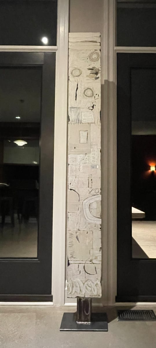 As The Cookie Crumb by Miriam Traher  Image: Textured totem and sculpture that tells its story through marks and colours. The monochromatic sculpture fills that prefect spot in your home.