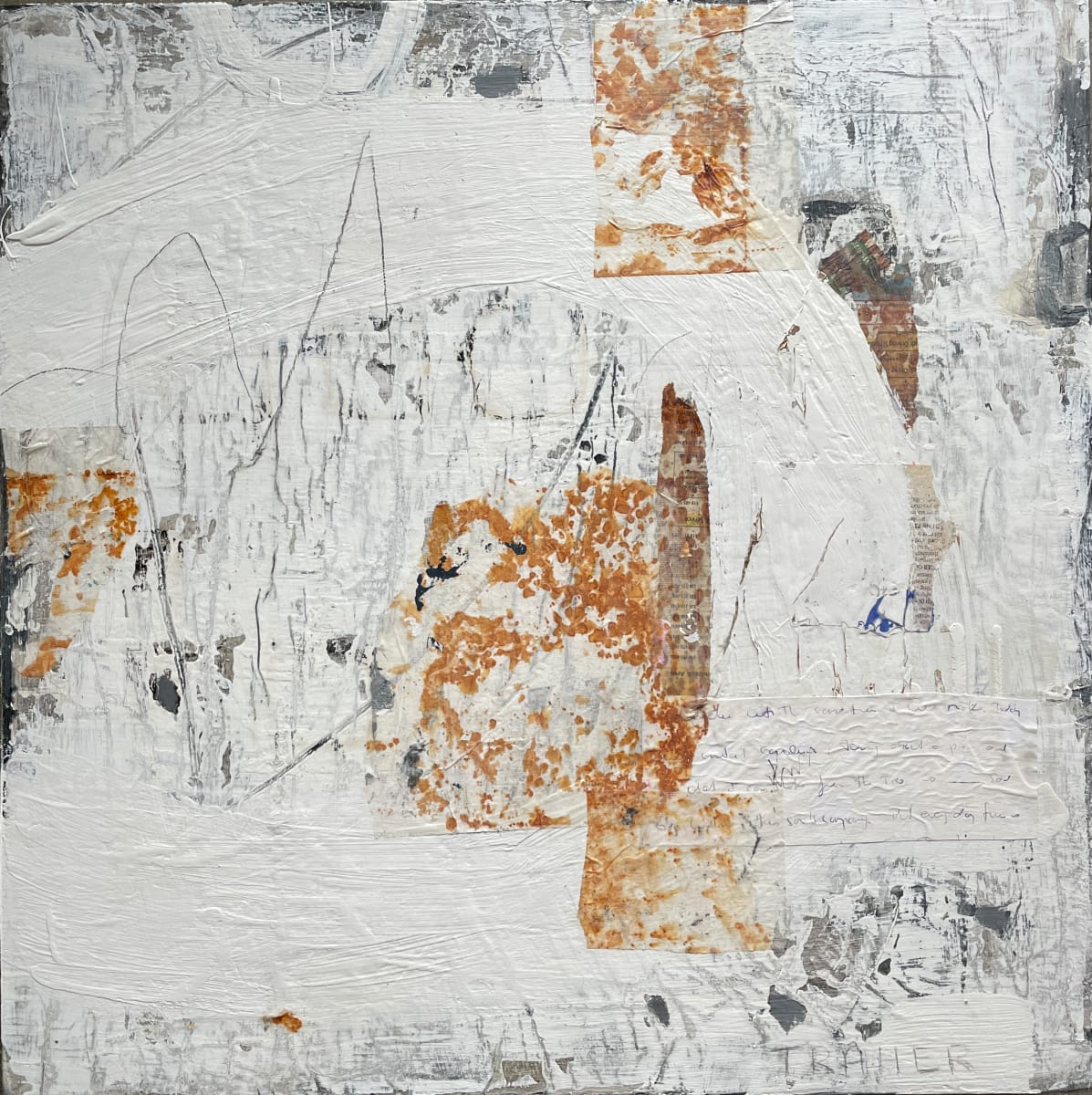 I Rallied One More Time by Miriam Traher  Image: The process involves layering paint, collage, paint and more paint, creating layers and layers with colours, shapes and designs that are scraped, sanded, scratched and dug into, repainted, revealing and leaving bits of the past, the history of each layer. A story emerges that blends this history with the final design, which is rich in texture. The beauty is in the discovery, the rich surface and the hidden bits that can only be seen by getting in close and exploring its secrets. The papers are handmade, rusted in metal scraps, printed, scribbled and written across on the studio floor.  Rust fascinates me.   The colours, the texture and no two pieces will every rust identically, like all our experiences and memories of life.

