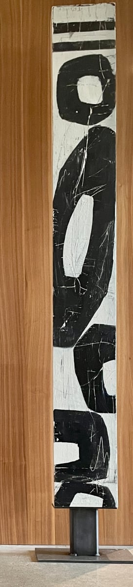 Standing In My Truth by Miriam Traher  Image: Abstract, mixed media piece, exploring the relationship of shapes and spaces.  Exploring history and revealing layers of the past and adding my expressive mark and line to tell my story of freedom through my art. 
This standing totem has natural maple sides and back and a cold pressed steal base for decorating fun.