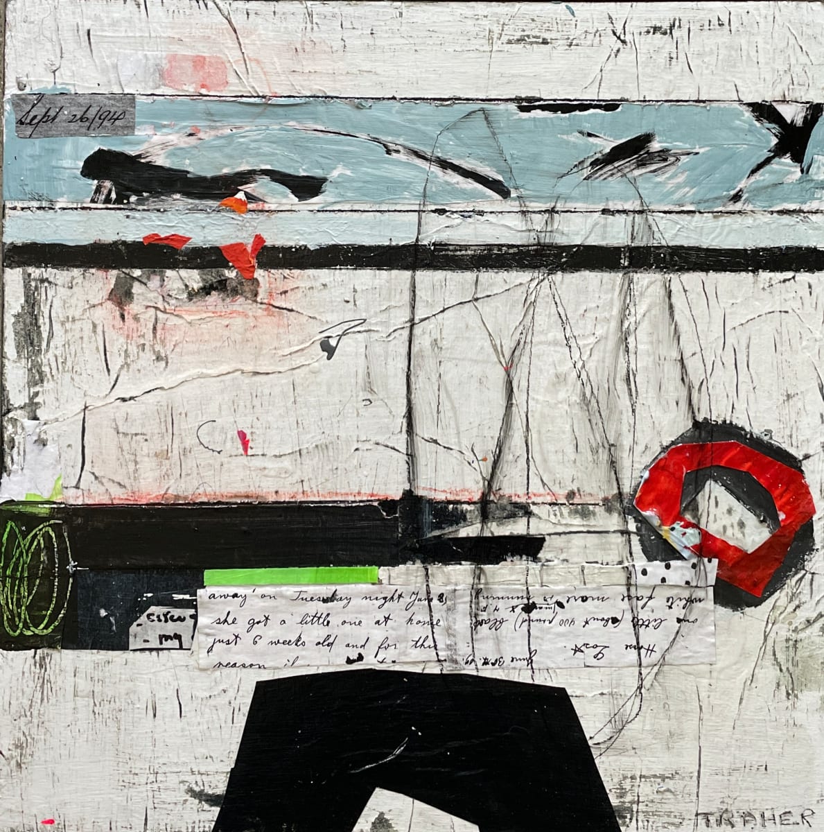 And Then What #3 by Miriam Traher  Image: The process involves layering paint, collage, paint and more paint, creating layers and layers with colours, shapes and designs that are scraped, sanded, scratched and dug into, repainted, revealing and leaving bits of the past, the history of each layer. A story emerges that blends this history with the final design, which is rich in texture. The beauty is in the discovery, the rich surface and the hidden bits that can only be seen by getting in close and exploring its secrets.


