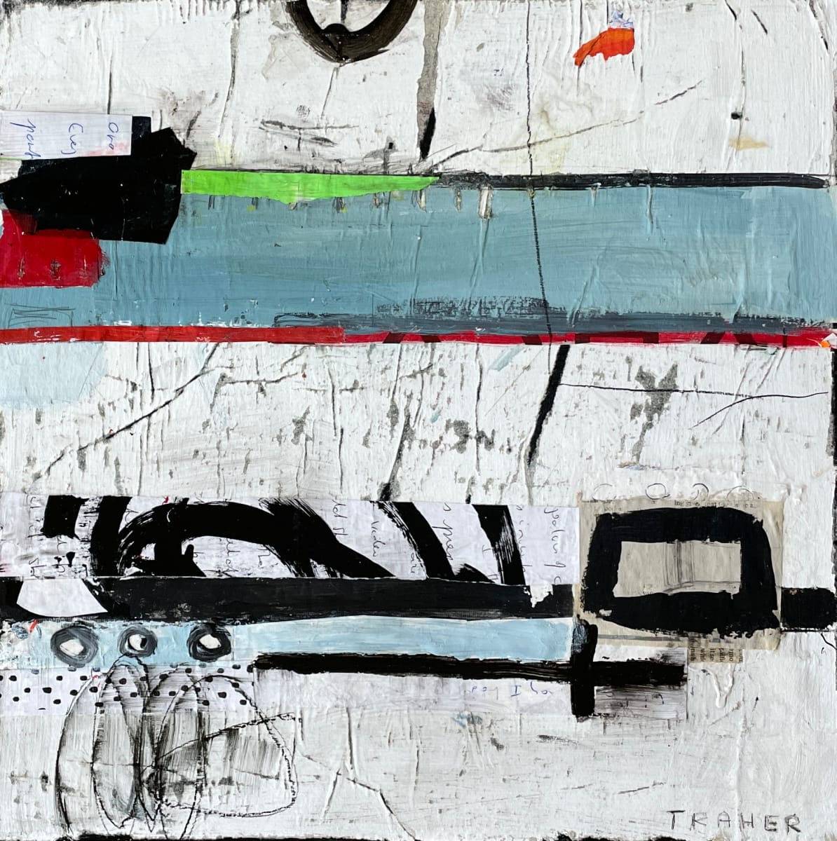 And Then What #1 by Miriam Traher  Image: The process involves layering paint, collage, paint and more paint, creating layers and layers with colours, shapes and designs that are scraped, sanded, scratched and dug into, repainted, revealing and leaving bits of the past, the history of each layer. A story emerges that blends this history with the final design, which is rich in texture. The beauty is in the discovery, the rich surface and the hidden bits that can only be seen by getting in close and exploring its secrets.


