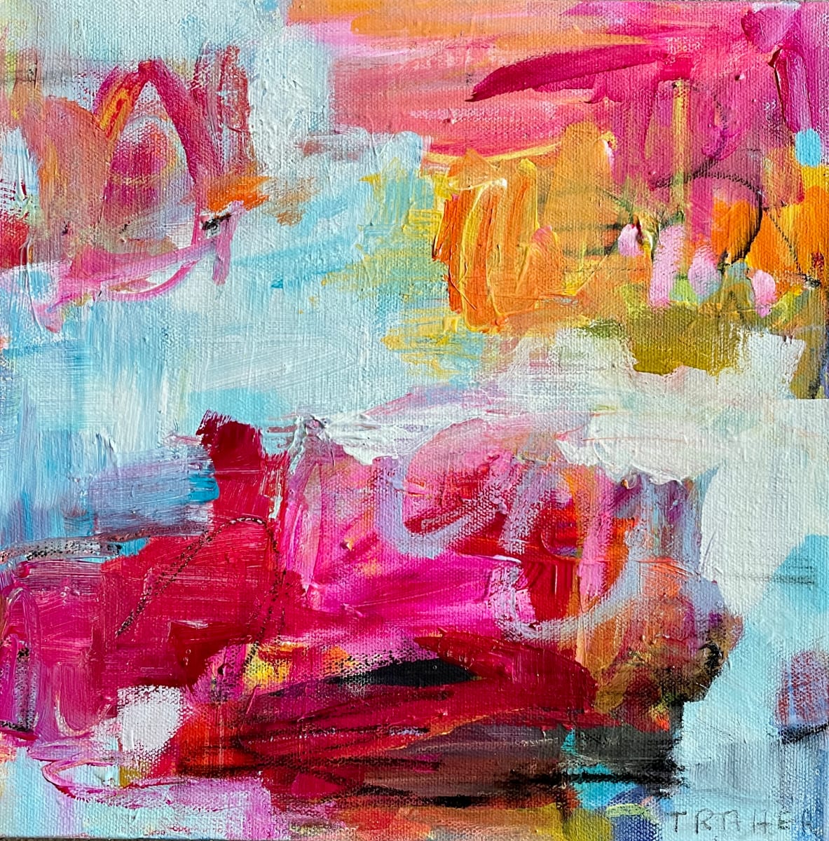 Finding My Way Home #1 by Miriam Traher  Image: Coming home is inspired by landscape elements, the movement of light shifts across the land as the last rays of light nod to the night.  The colours of the sunset turn the land and water into a glowing beauty,  stopping us to sit for a moment, taking a breath, enjoying its beauty with an anticipation of promises of tomorrow.  