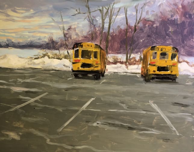 School Buses in Snowy Parking Lot 