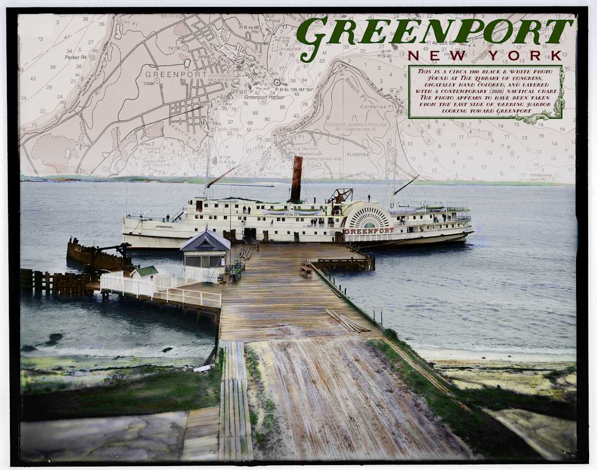 Greenport Steamer Circa 1899 by Don Leverich  Image: 1899 Lib of Congress image of steam paddle-wheeler on Shelter Island, NY looking toward Greenport, a contemporary chart provides the background.