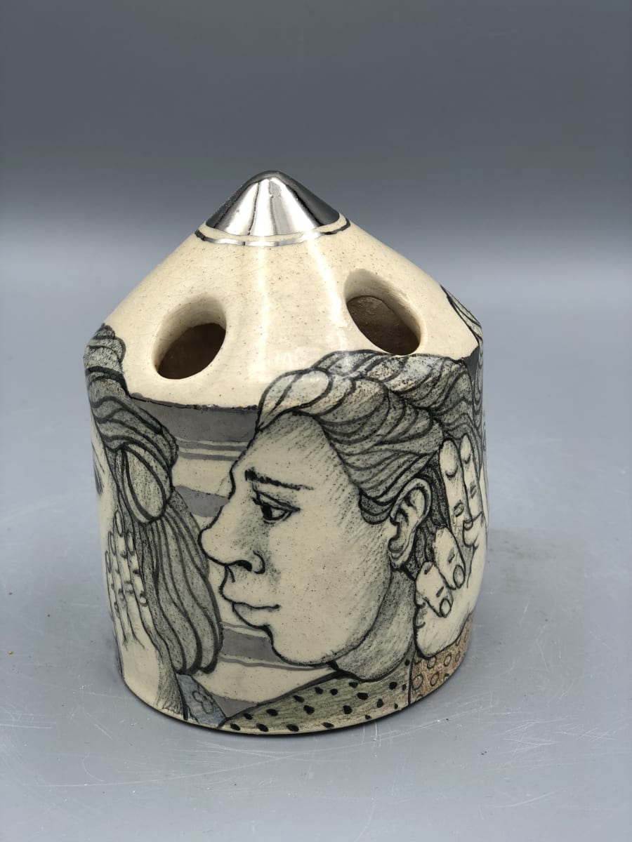 Brush Holder with Four Faces by Mary Lou Higgins 