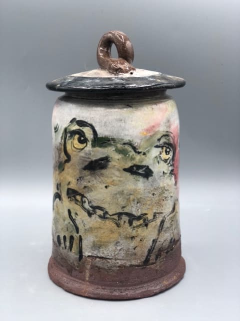 Frog and Cat Lidded Jar by Ron Meyers 
