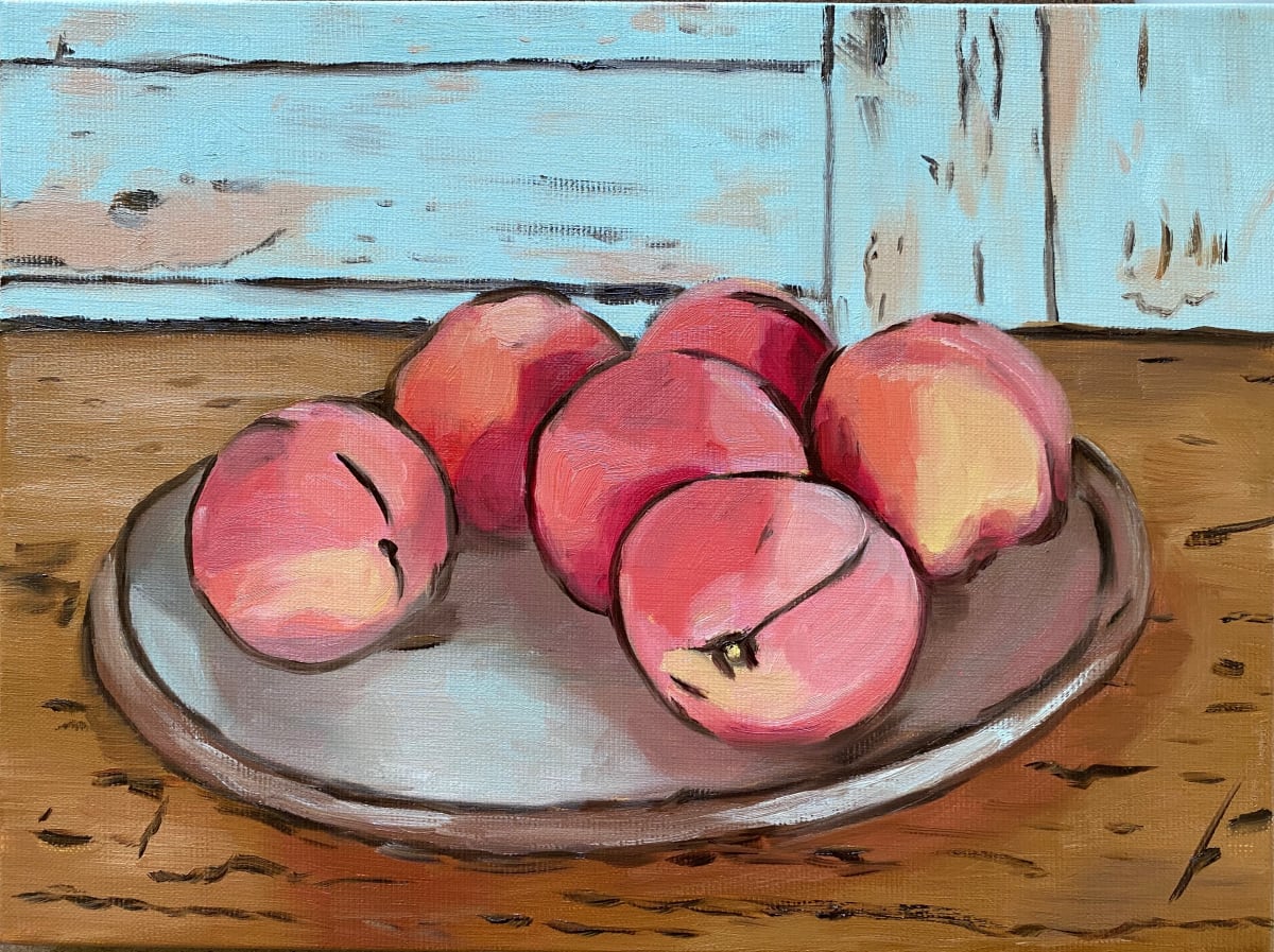 Six peaches on a plate 