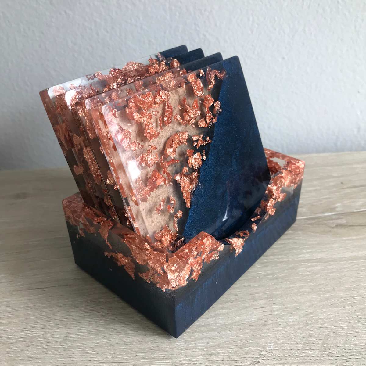 Copper Leaf & Midnight Blue Coaster Set - Square, Image 5.