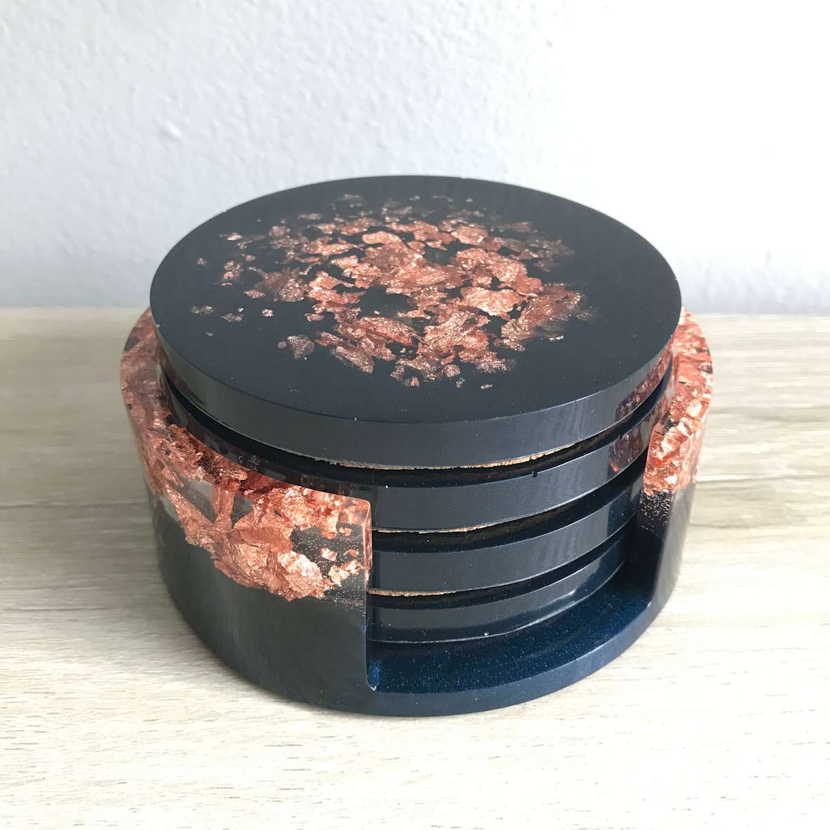 Copper Leaf & Midnight Blue Coaster Set - Round, Image 2.