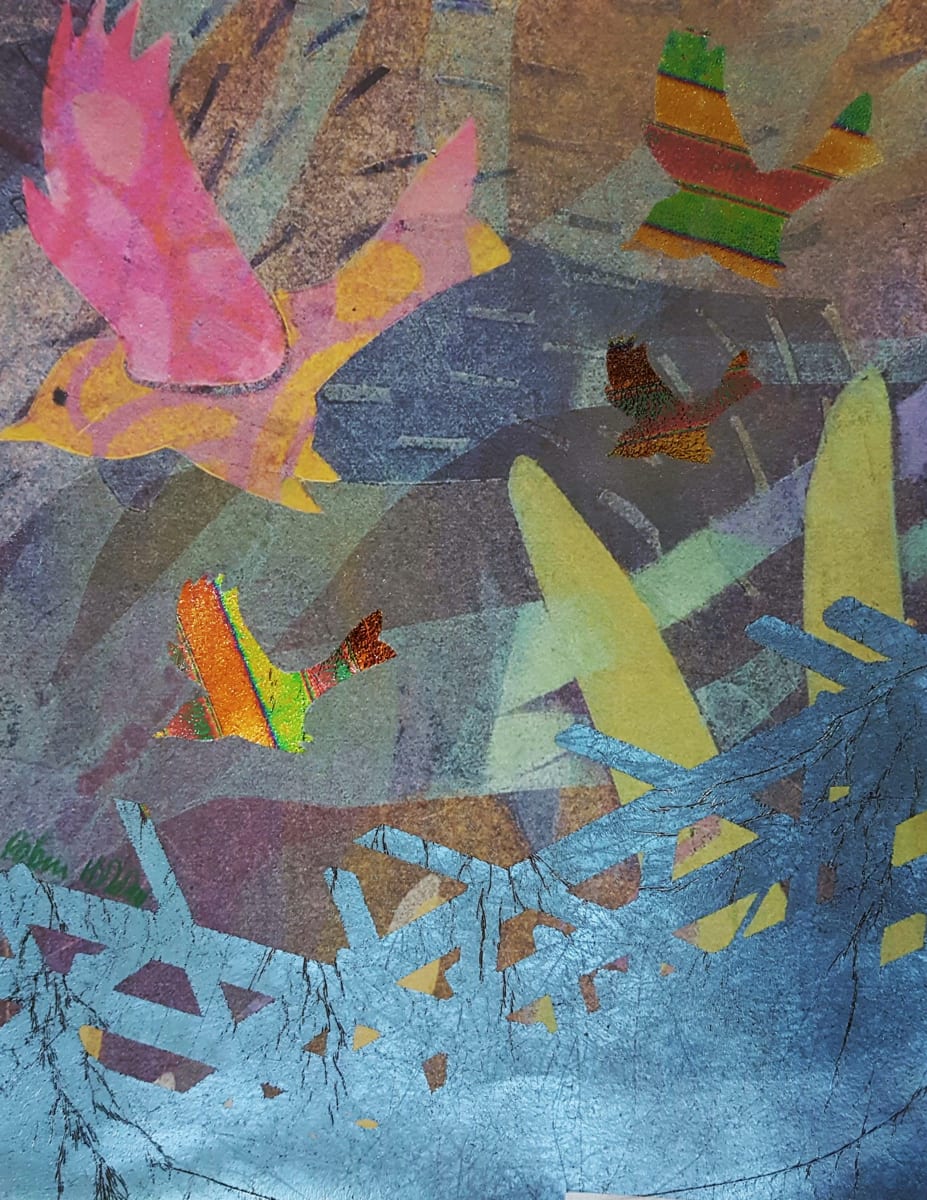 Blue Fence by robin holder  Image: Creating these nature works with foils is a  experimental exercise in which I explore the beauty, power, life force and harmony of nature. Using the holographic, metallic and iridescent foils adds a bit of magic.