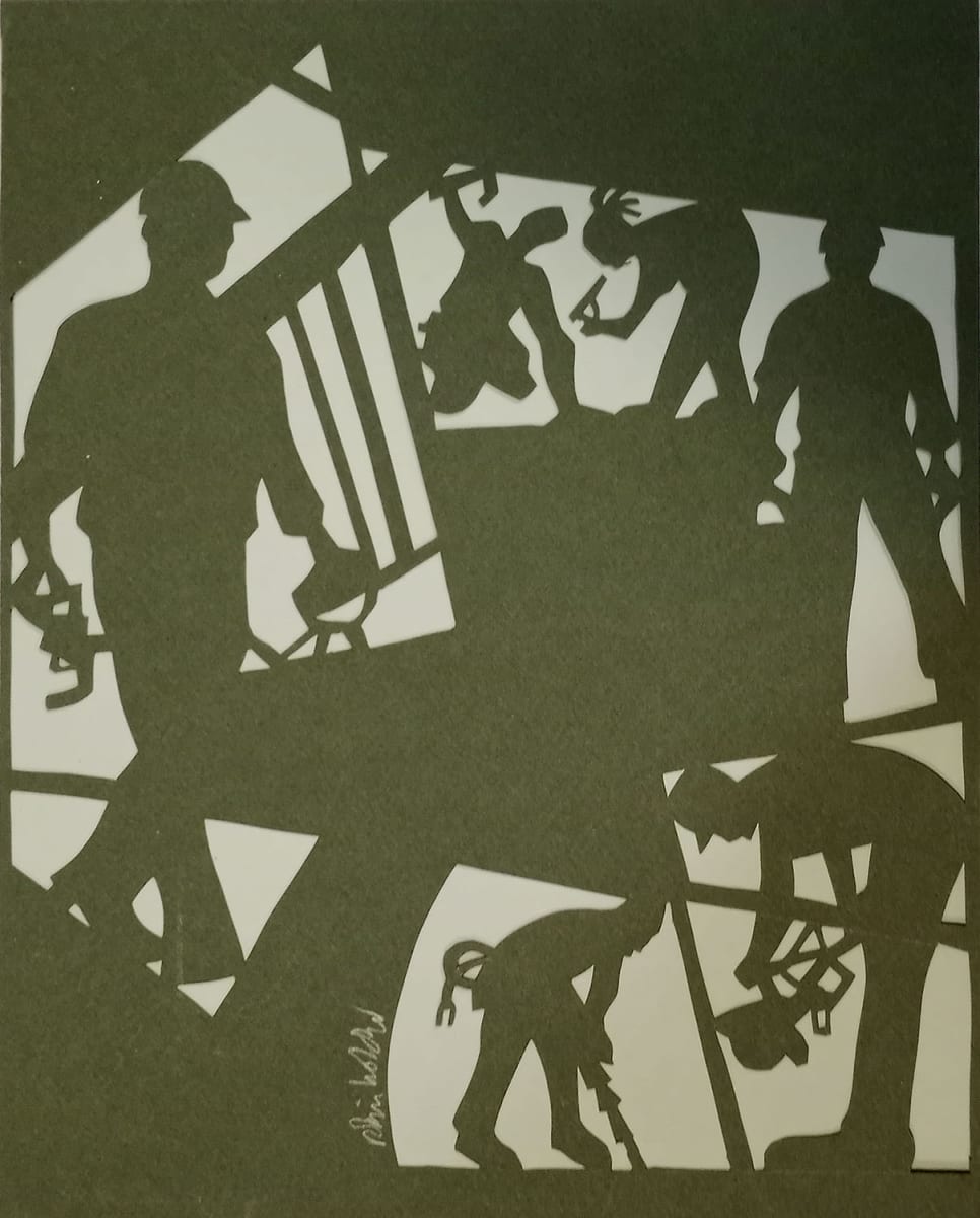Construction: Machinists by robin holder  Image: A hand cut silhouette collage with Canson papers from a collection of about 15 silhouette works.  I created  these to celebrate the American labor force. These works were part of my Outsourced! collection.